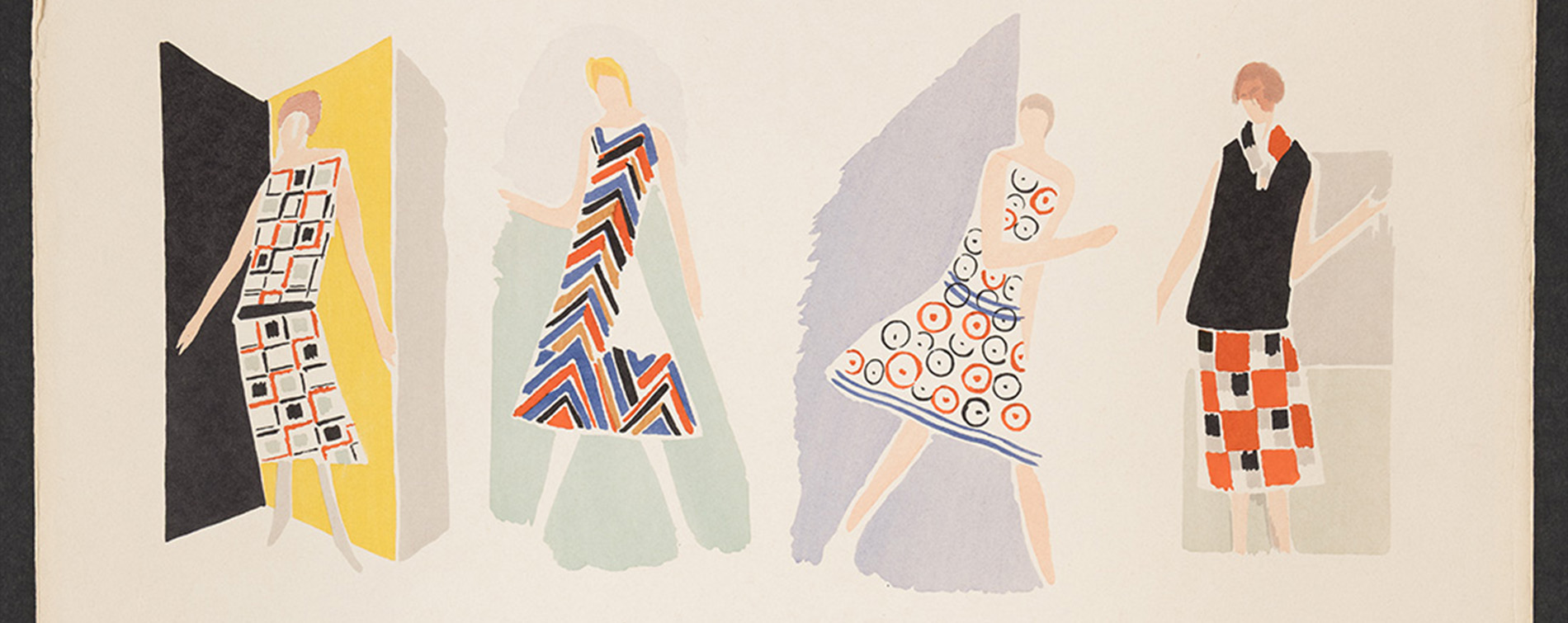 fashion illustration of four women wearing multi-color, geometric printed outfits