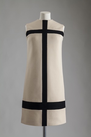 Mini dress with white fields broken up with big bold black lines, 1965. 