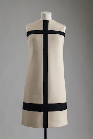 Mini dress with white fields broken up with big bold black lines, 1965.