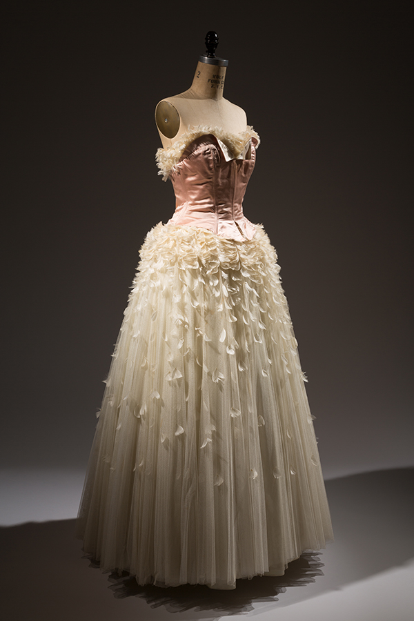 Strapless, floor-length pink and off-white evening dress with coq feathers