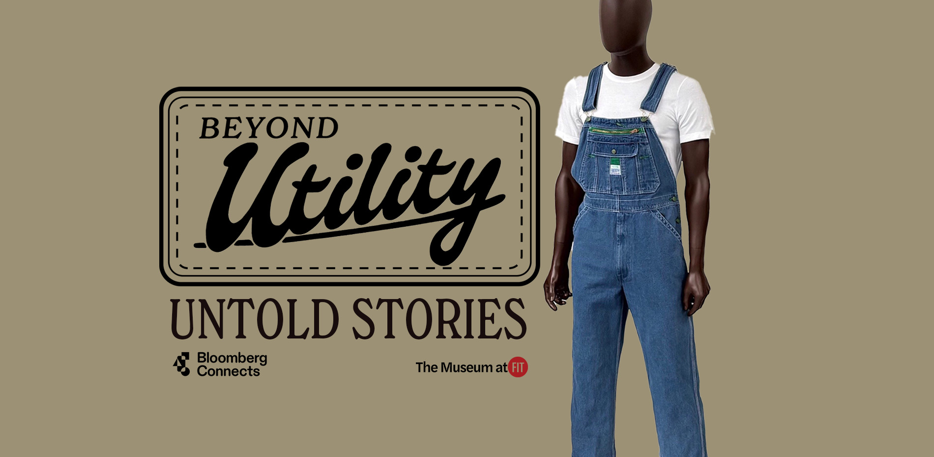white tshirt with denim overalls and graphic text, "Beyond Utility: Untold Stories"