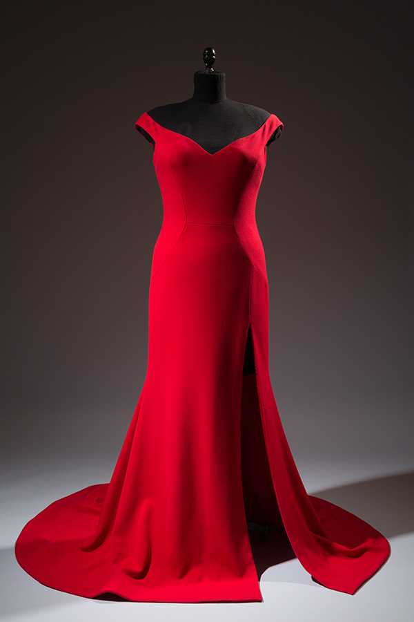 red christian siriano off shoulder evening dress with a high slit