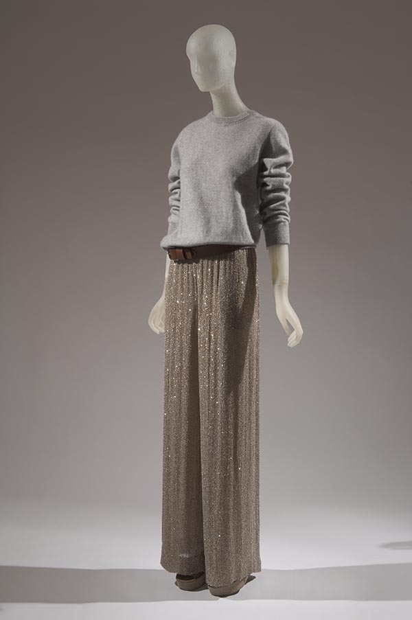  cashmere sweatshirt, hemp crystal-beaded pajama pant, walnut leather belt and platform sandal