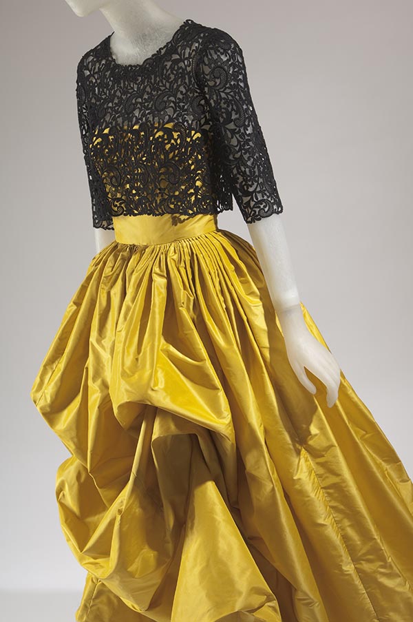 yellow silk taffeta gown with black Guipure lace bodice
