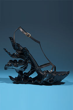 black sandals with blackmetallic flower heels