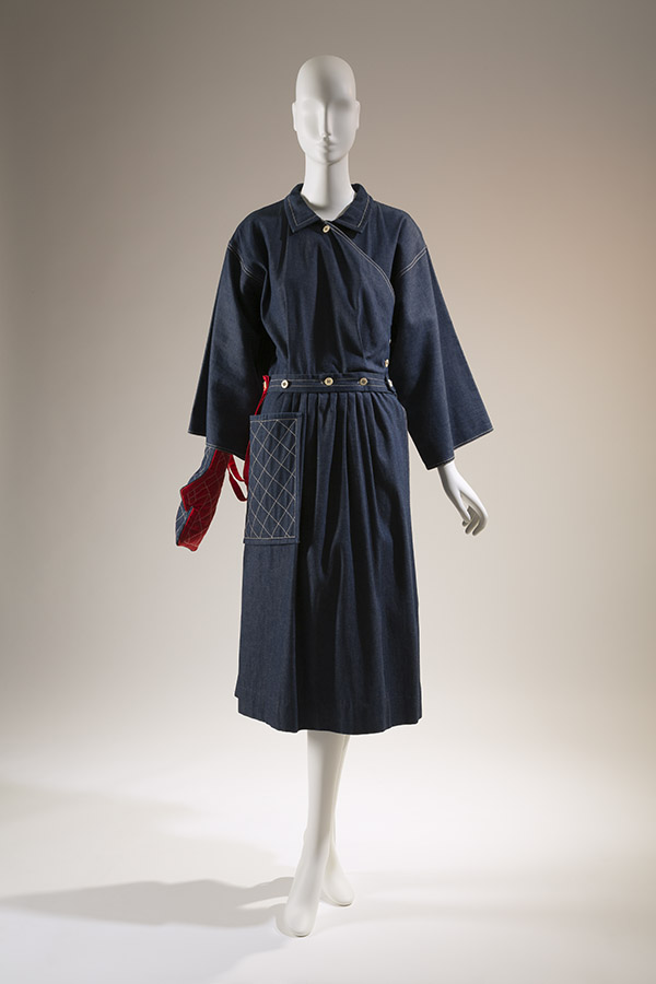 wrap coat dress with attached belt and quilted patch pocket; coordinating oven mitt