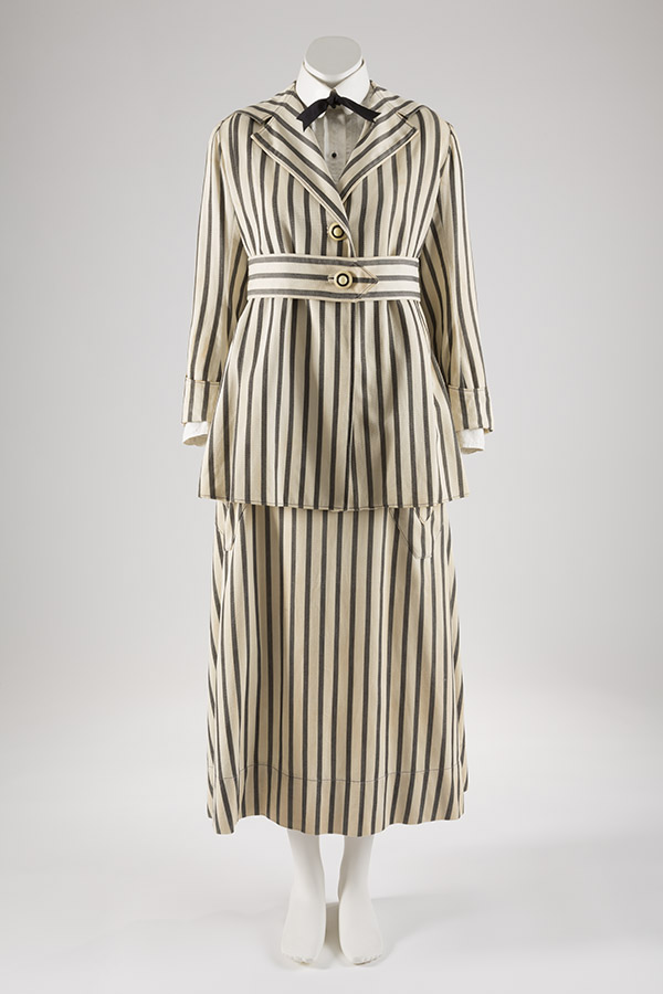 white and black striped long sleeve jacket with matching skirt