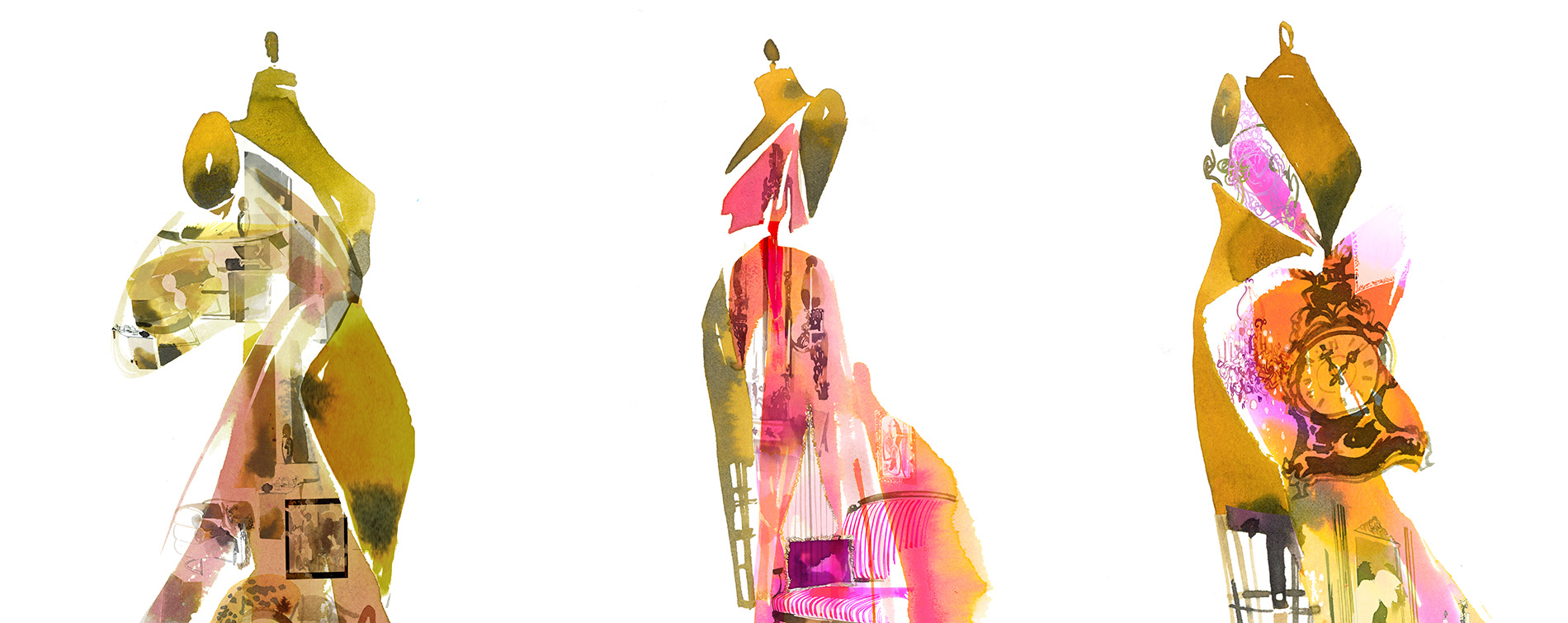 illustration of an interior superimposed on a pink dress on a dress form