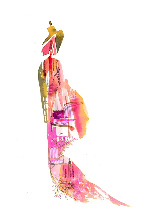 illustrated pink interior room superimposed on an illustrated dress