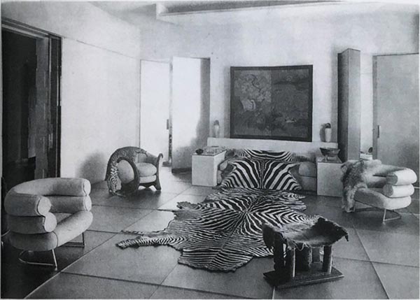 art deco interior and furniture with a zebra rug in the middle 