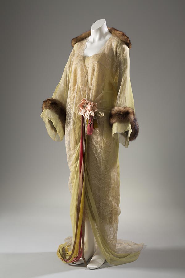 yellow silk chiffon peignoir with fur collar and cuffs on a long kimono sleeve