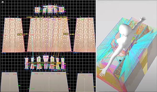 video still from a 3D rendering of Dior's pompadour evening gown patterns and on a model