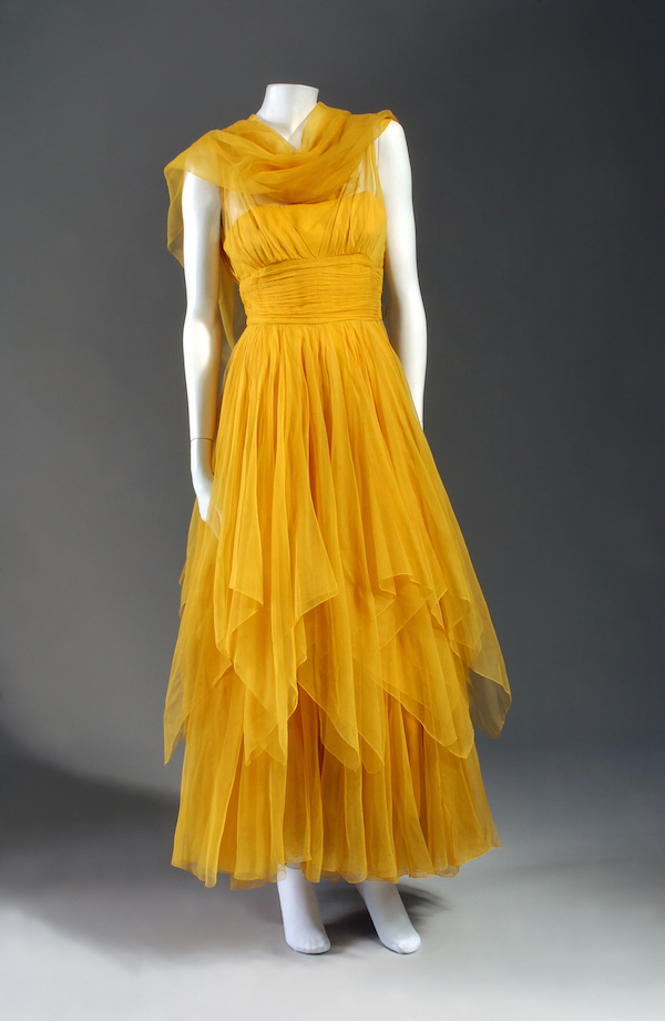 daffodil evening gown in yellow-orange silk chiffon gauze with camisole bodice and separate rectangular stole