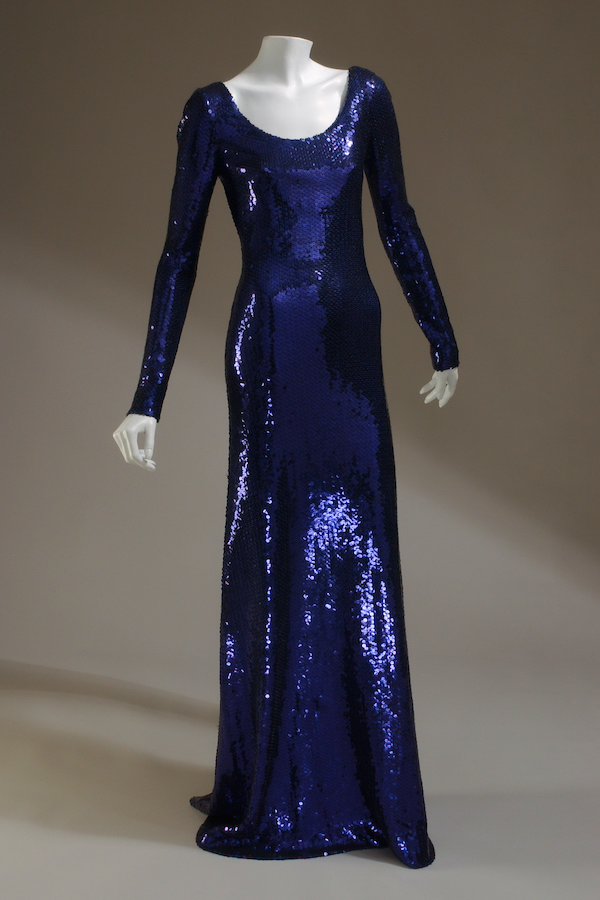 deep blue/violet sequined jersey evening floor length dress with scoop neck and long sleeves
