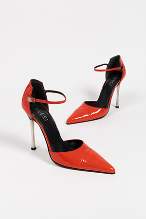 Gucci red patent leather and silver metal stiletto-heeled pumps