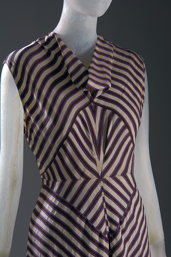 purple and lavender striped brocade dress