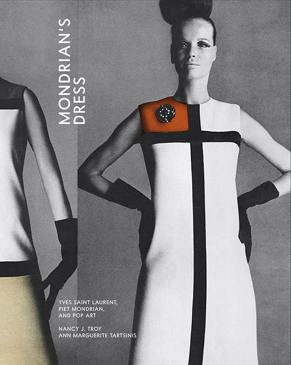 book cover of "Mondrian's Dress" featuring a black and white photo of a woman wearing a geometric dress with a pop of red