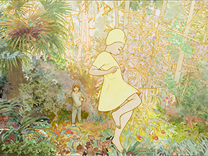 a digital illustration of two children in the forest, drawn in bright and pastel colors 