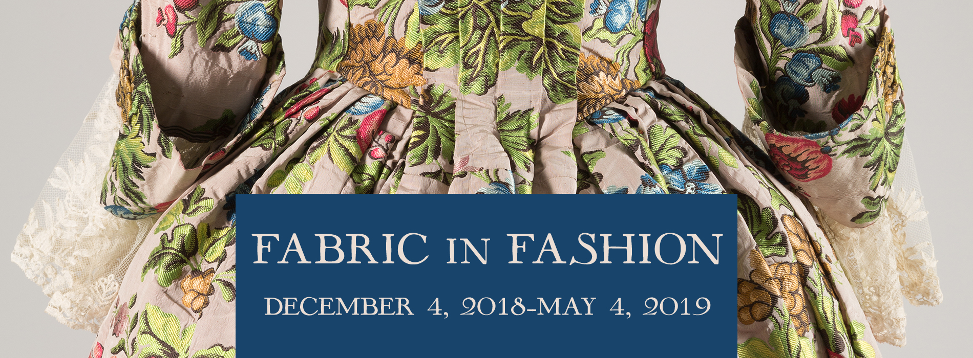 Floral brocade dress fabric with title and dates