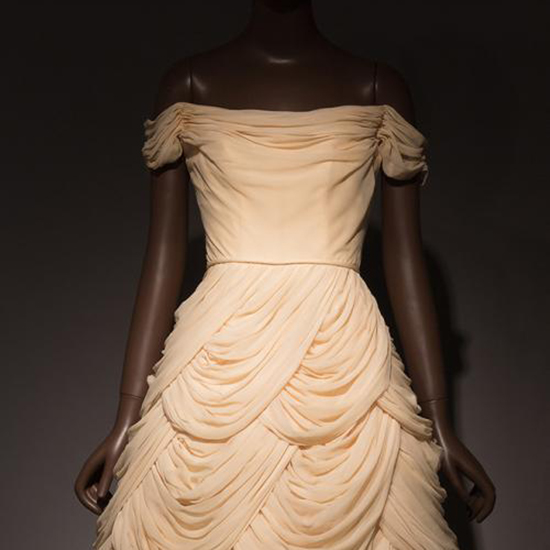 off the shoulder ivory chiffon dress with draped swags