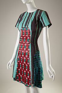 aqua green and dark grey irregular striped printed cotton short sleeve dress with suede surface and hand beaded irridescent bronze bugle beads along stripe edges 