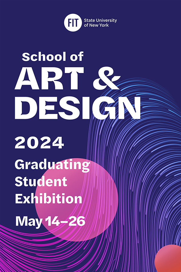 exhibition title in white against a purple and pink graphic background