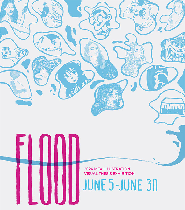 exhibition poster with various character illustrations, each inside a organic-shaped outline