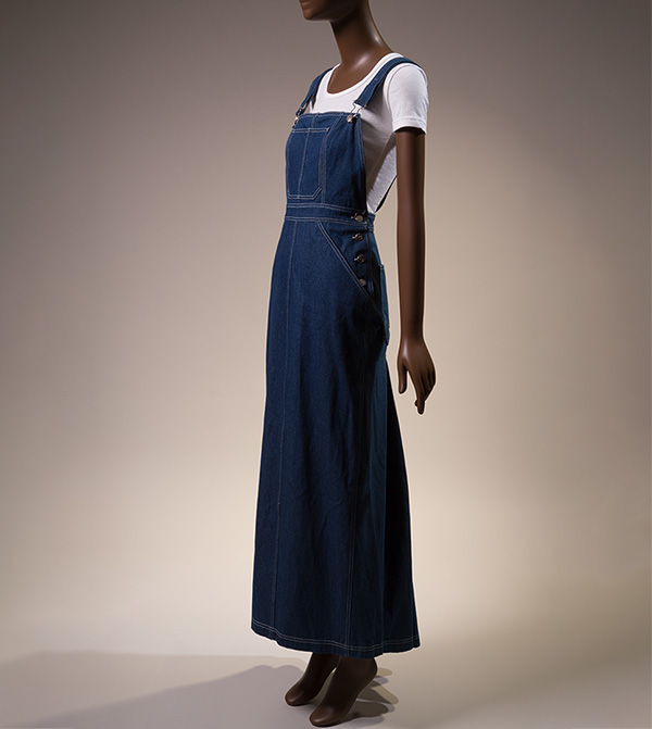 Denim overalls floor length dress with white t-shirt