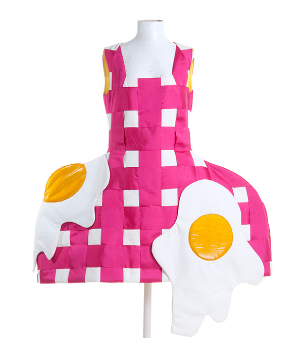 Pink and white checked dress with fried eggs on the skirt