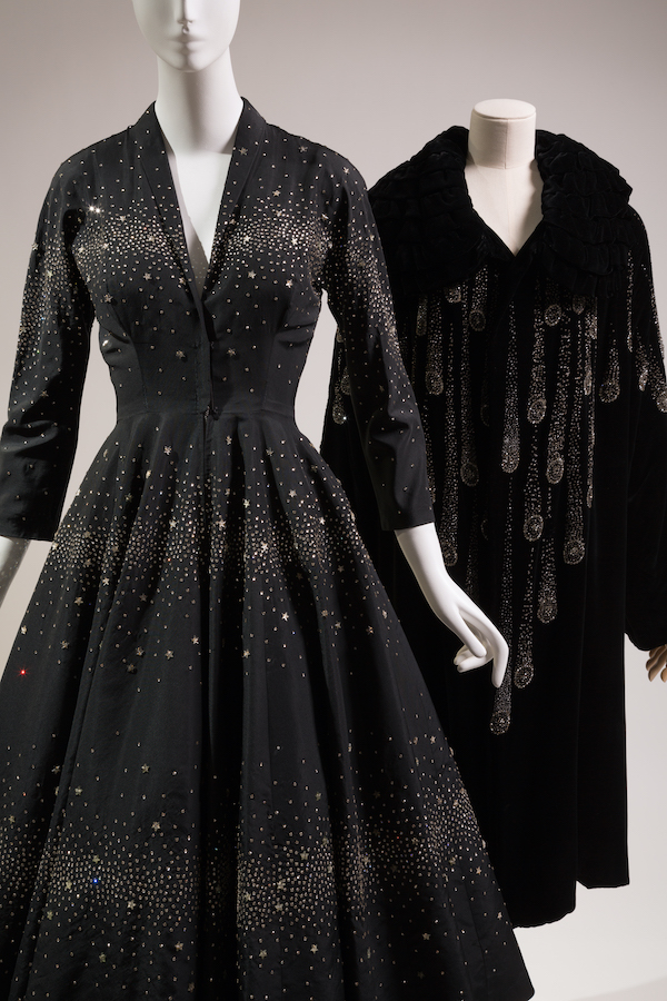 (R) Saks Fifth Avenue, cocktail dress, Fall 1953, USA, Gift of Sophie Gimbel. 75.69.3. (L) Evening coat, circa 1920, France, Gift of John J. Sasek. 81.88.1