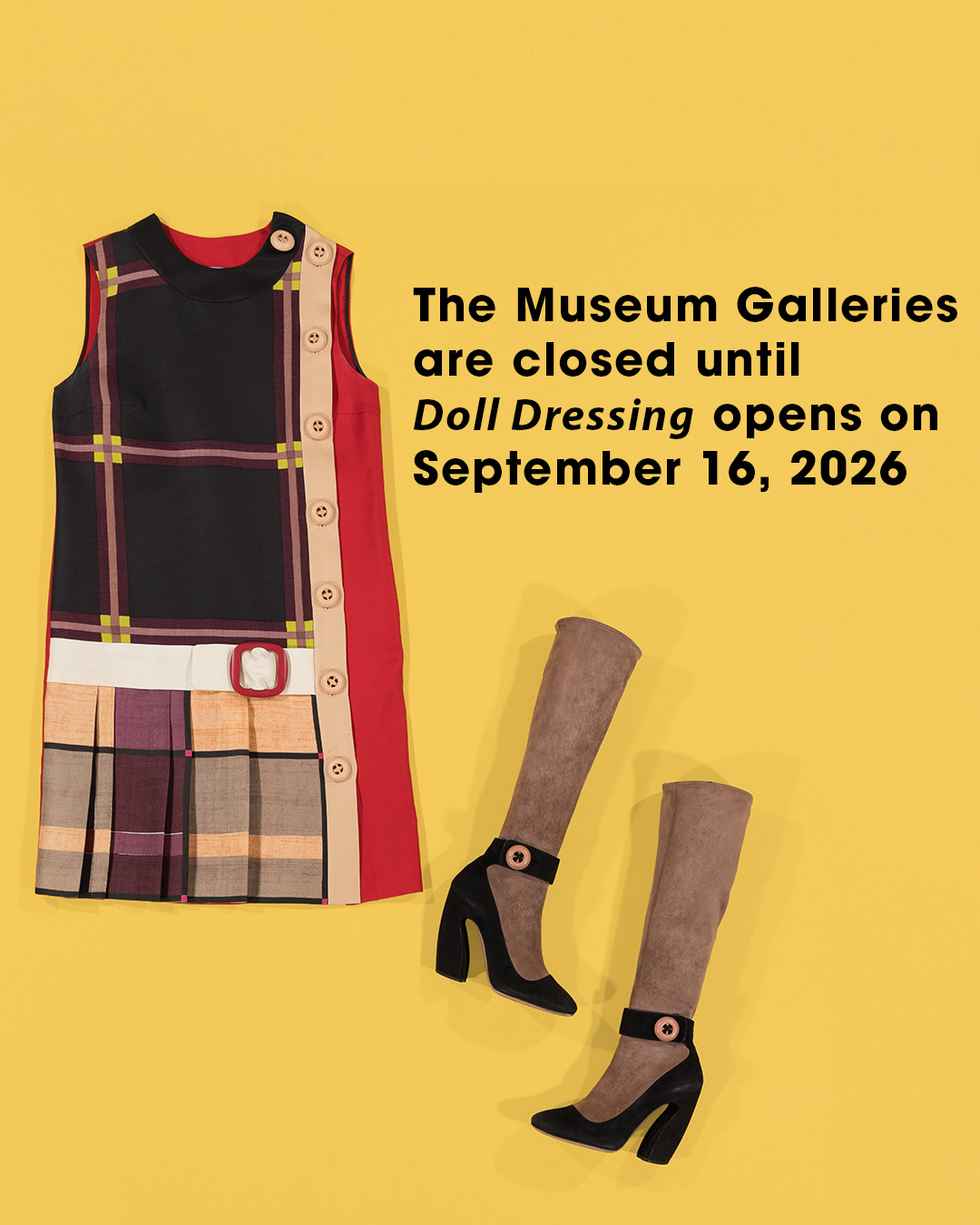 Flat lay of short sleeve dress with varying plaid prints on bust and skirt with white belt and a pair of tan boots with trompe l'oeil ankle strap high heel pump design 