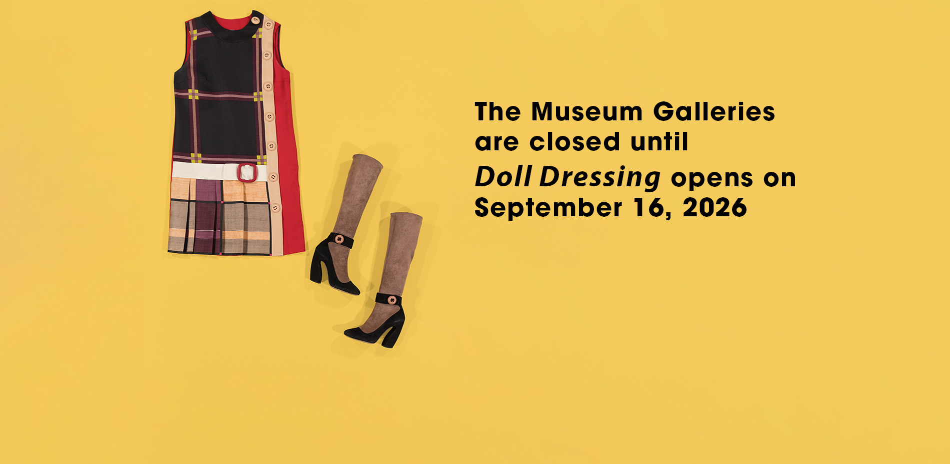 Flatlay of sleeveless, short length dress with varying plaid patterns and white belt at hip; tan knee high length boots with black trompe l'oeil ankle strap pump applique