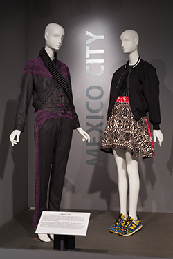 two mannequins dressed in ensembles by designers from Mexico City on platform