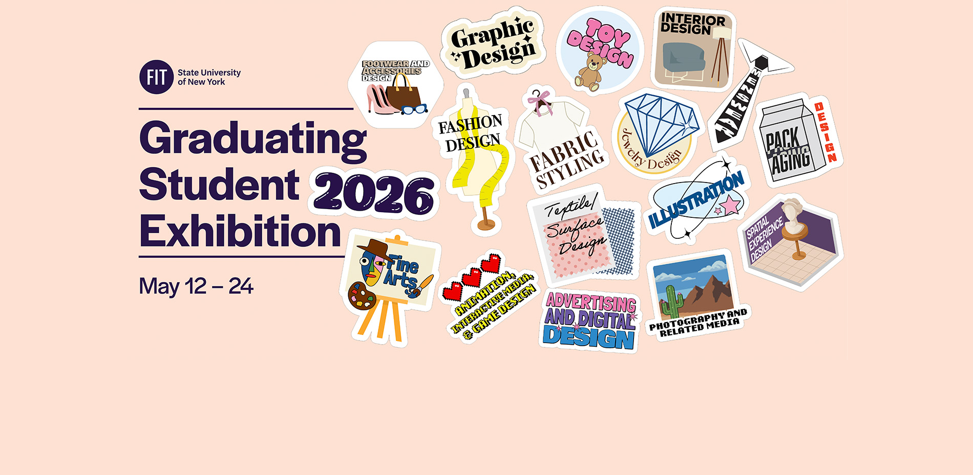 2026 Graduating Student Exhibition banner featuring sticker designs of majors in the program