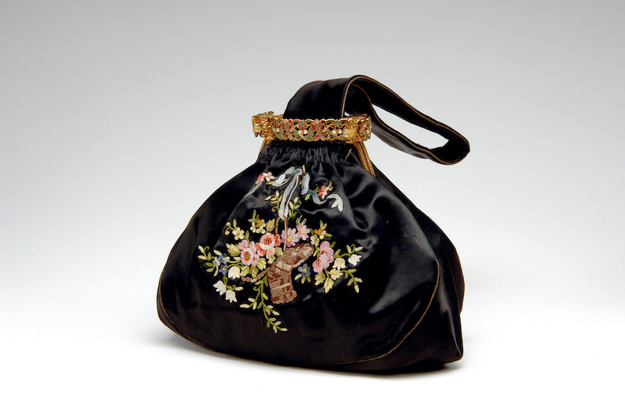 small black handbag with floral embroidery