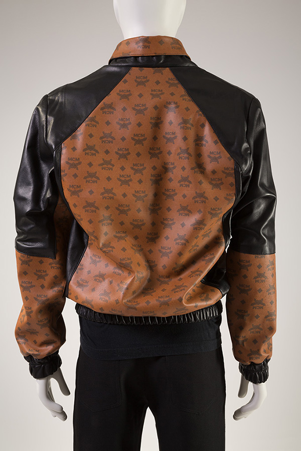 Brown bomber-style jacket with printed LV logos