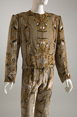 Mr. Fish, mans suit, stenciled beige velvet, circa 1970, England, museum purchase, 2009.1.3