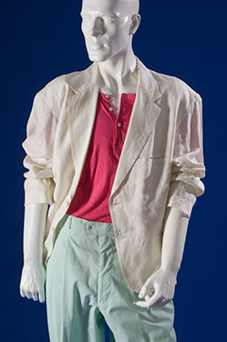 Miami Vice mans suit, white linen, magenta cotton knit, aqua cotton, 1989, USA, gift of Universal City Studios, 89.89.1
