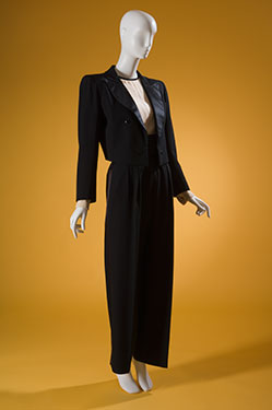 Yves Saint Laurent, woman's tuxedo, black wool, black satin, ivory silk, circa 1982, USA, gift from The Estate of Tina Chow, 91.255.4