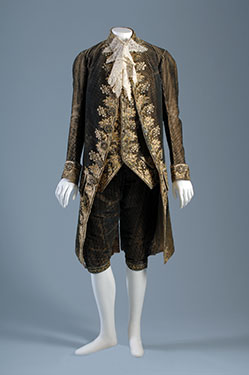 Man's 3-piece court suit, striped silk velvet and multicolor silk embroidery, France, c. 1785, museum purchase, P83.19.10