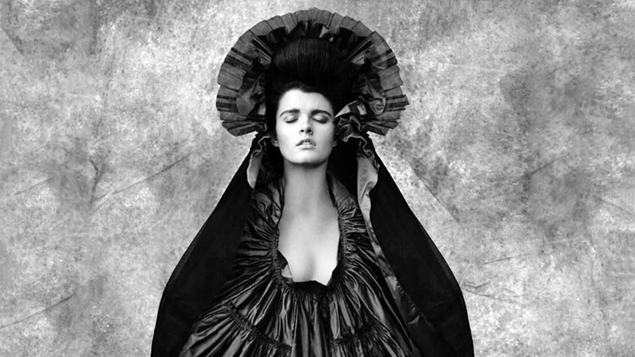 black and white image of a woman wearing a piece by isabel toledo