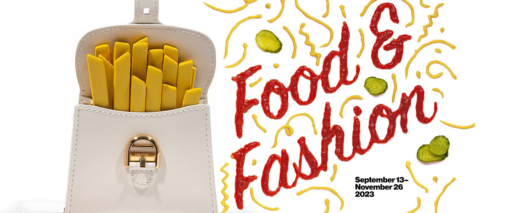 food & fashion written in ketchup next to a bag that looks like a package of french fires 