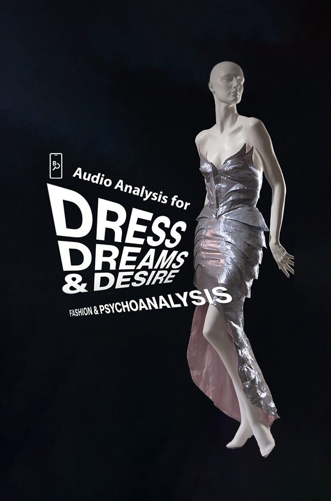 silver sleeveless dress with white text, "Audio Analysis for Dress, Dreams, and Desire" 
