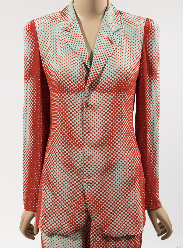 cyber muscle trompe l'oeil suit: single breasted jacket with white digital print of nude male figure on red