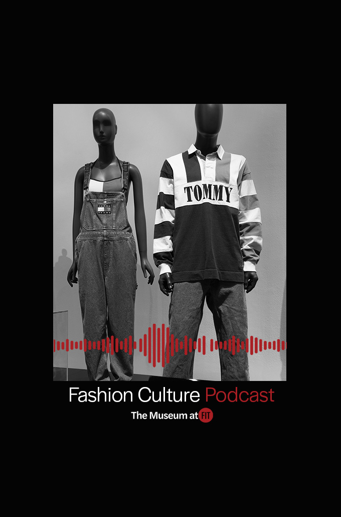two mannequins, the left wearing denim overalls with a bandeau and the right wearing a striped TOMMY rugby shirt