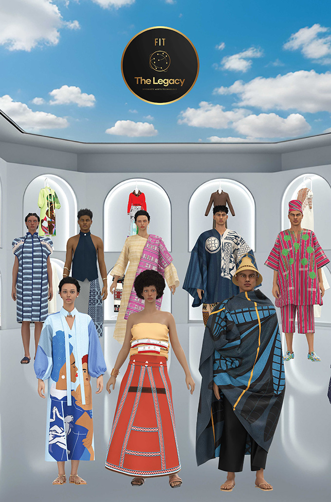 Digital representation of a gallery scene with numerous mannequins wearing colorful, patterned clothing representing different cultural styles.