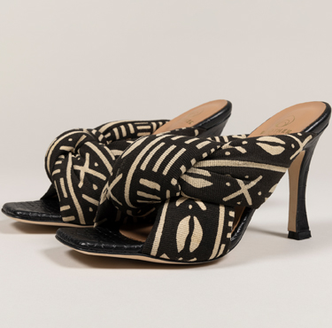 high-heeled slide in brown and beige Burkina Faso cotton batik