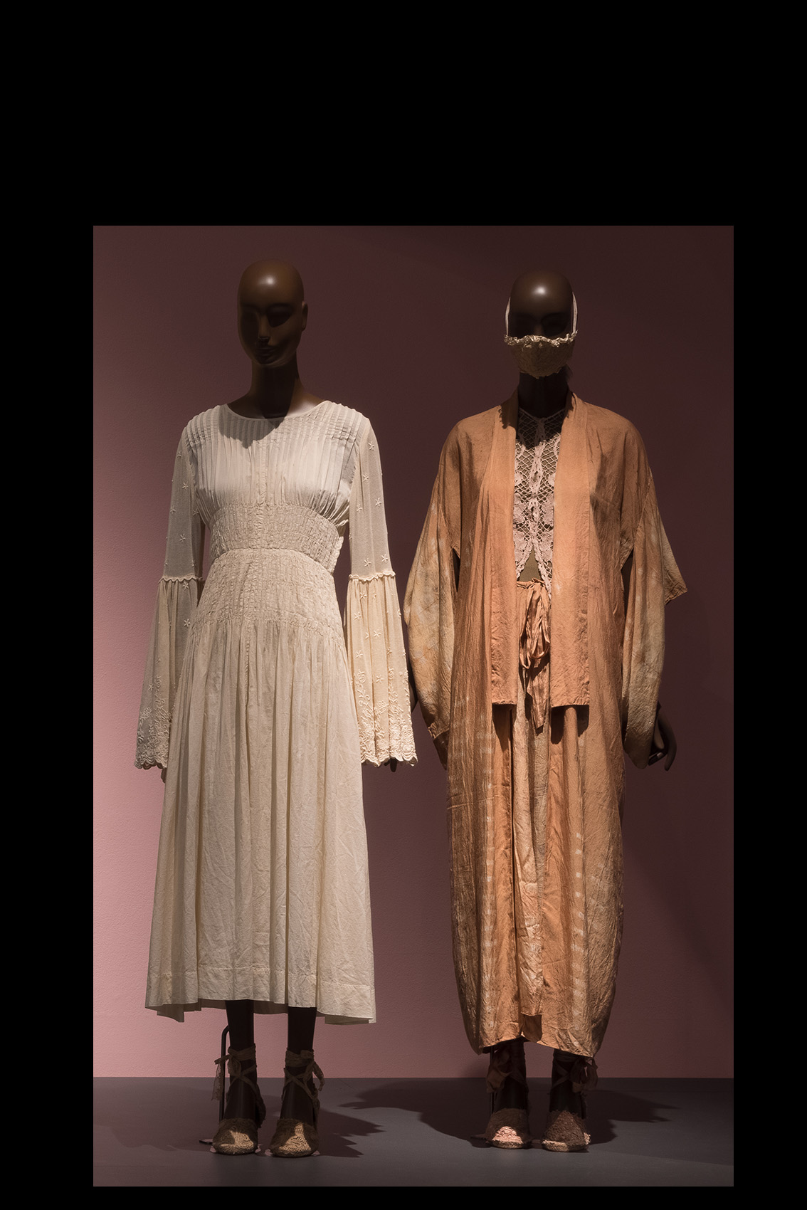 Food and Fashion installation of two Slow Fashion dresses on mannequins by Mimi Prober