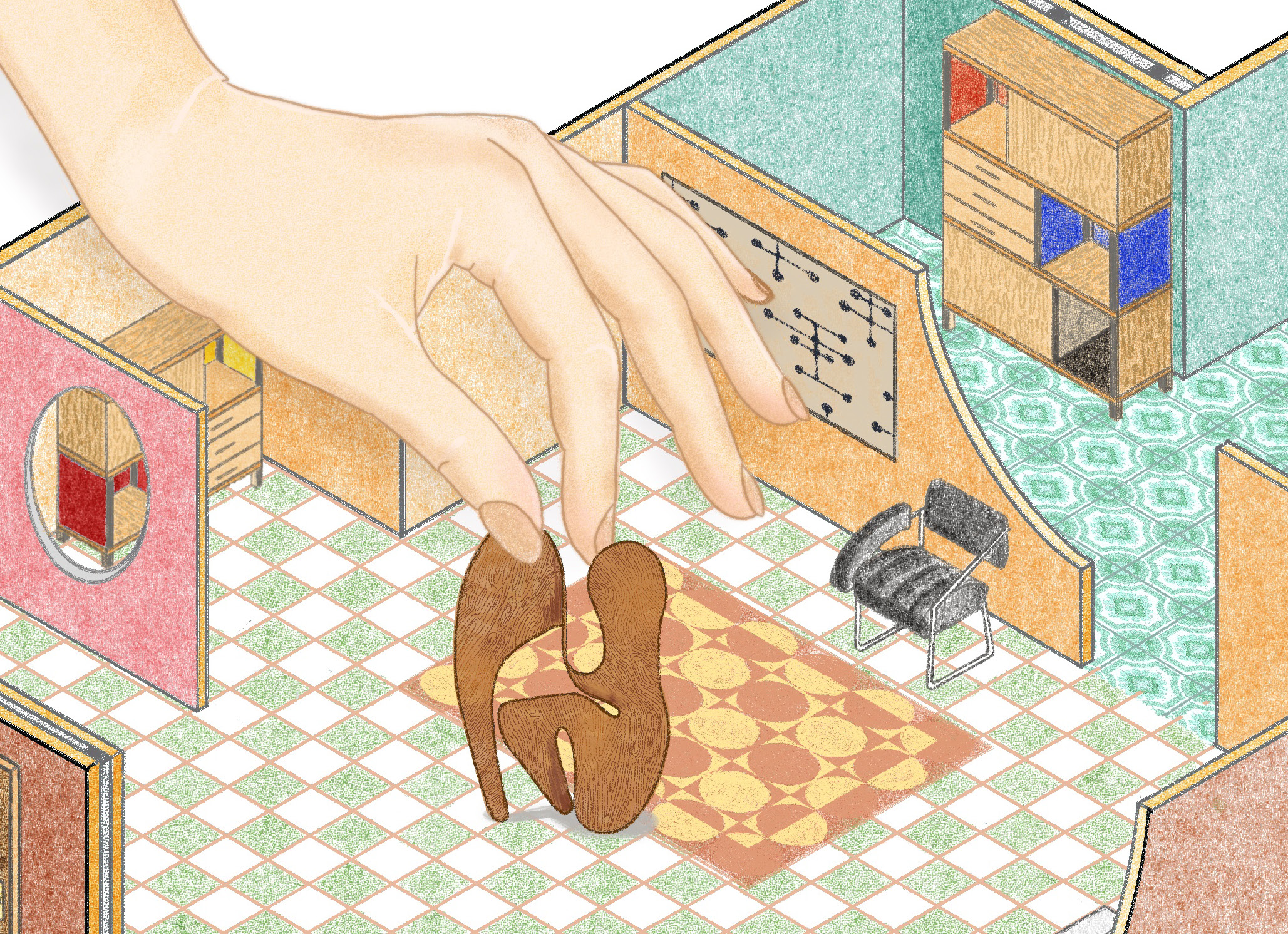 illustration of a hand placing a sculpure in a small room