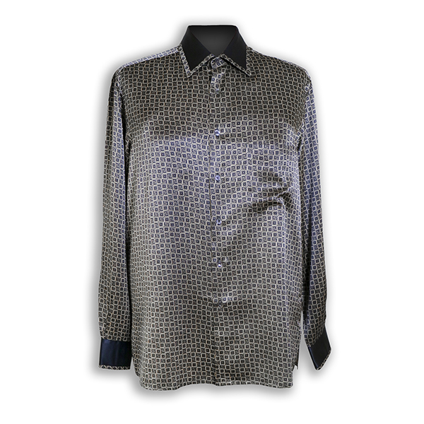grey-toned, geometric patterned, long-sleeved shirt